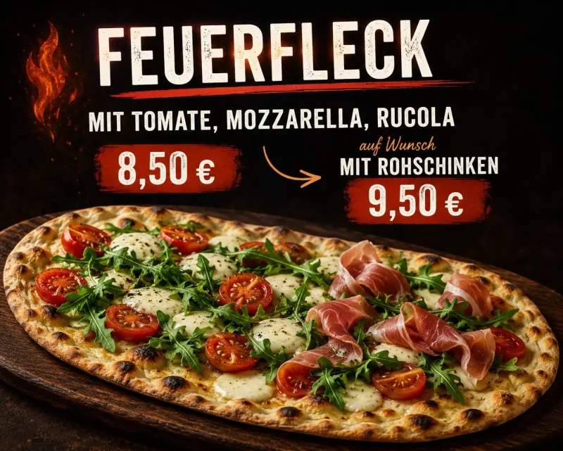 Neuer Feuerfleck mit Tomate, Mozzarella und Rucola, auf Wunsch mit Rohschinken